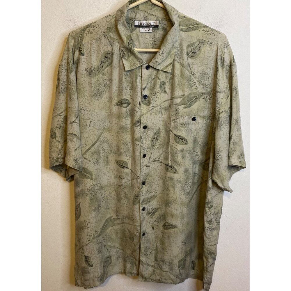 FIRETHORN SILVER 100% SILK Men Button Short Sleeve Shirt Green Leaves Size XL
